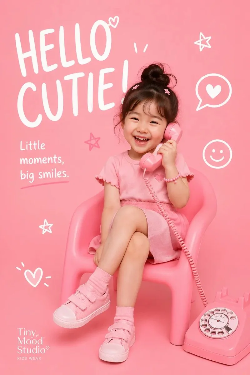 笑顔の子供と手描きの白い文字が描かれたピンクの子供服キャンペーン