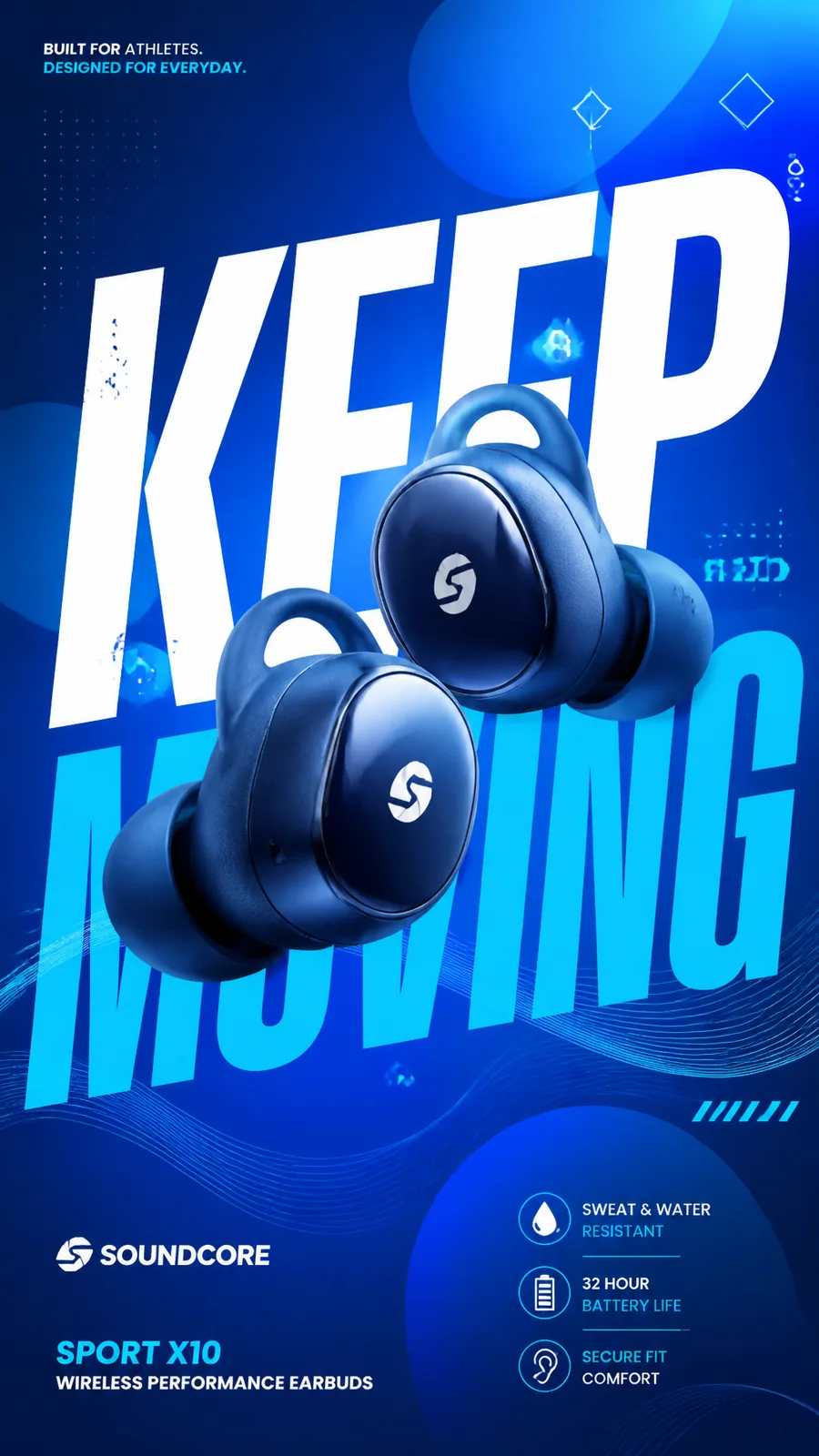 「Keep Moving」の大きなタイポグラフィーを使用した青いスポーツ イヤホンの広告