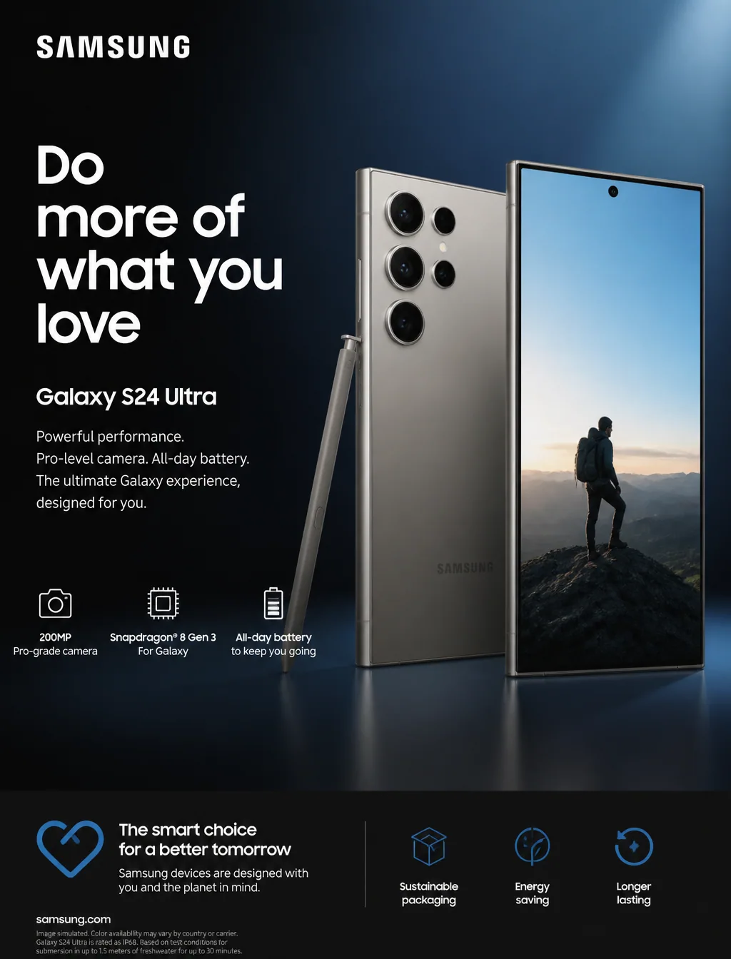ダークブルーの背景と製品のクローズアップを使用したサムスンのスマートフォン キャンペーン